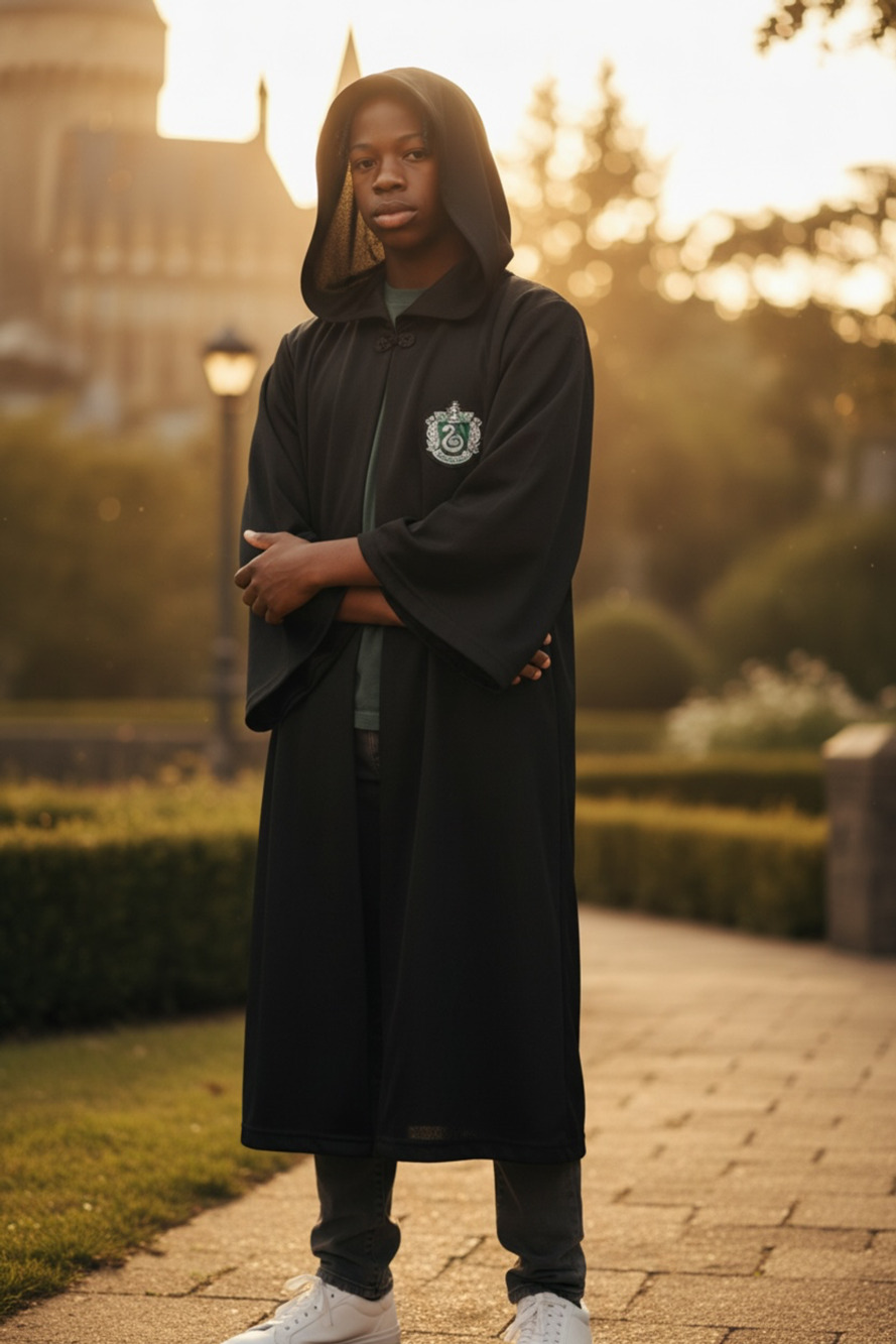 Harry Potter Slytherin Hogwarts Black Hooded Robe Costume with Crest women Junio